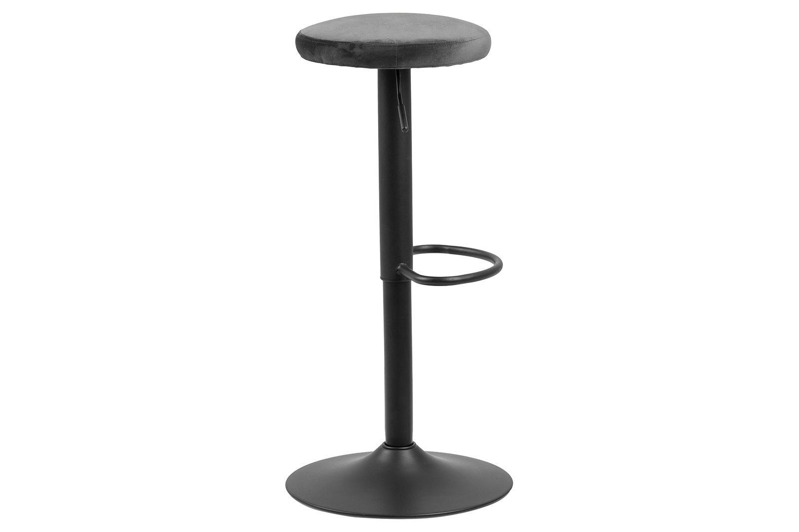 Finch barstol Sete i velurtekstil VIC mørkegrå med matt sort metallunderstell med fotstøtte.