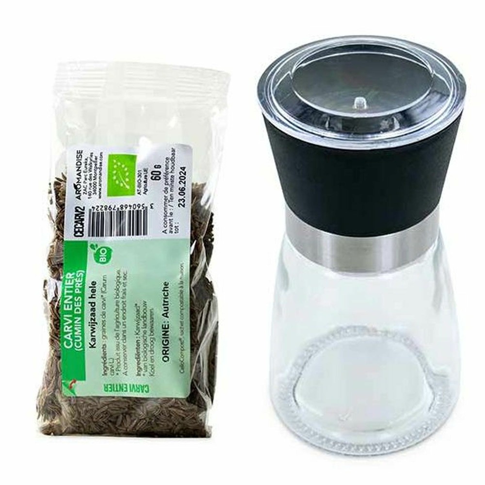 Moulin à épices en verre et céramique + carvi entier bio