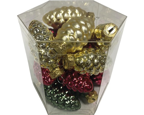 Decoratieve dennenappelhangers Lafiora Ø 6 cm goud rood groen 16 st.