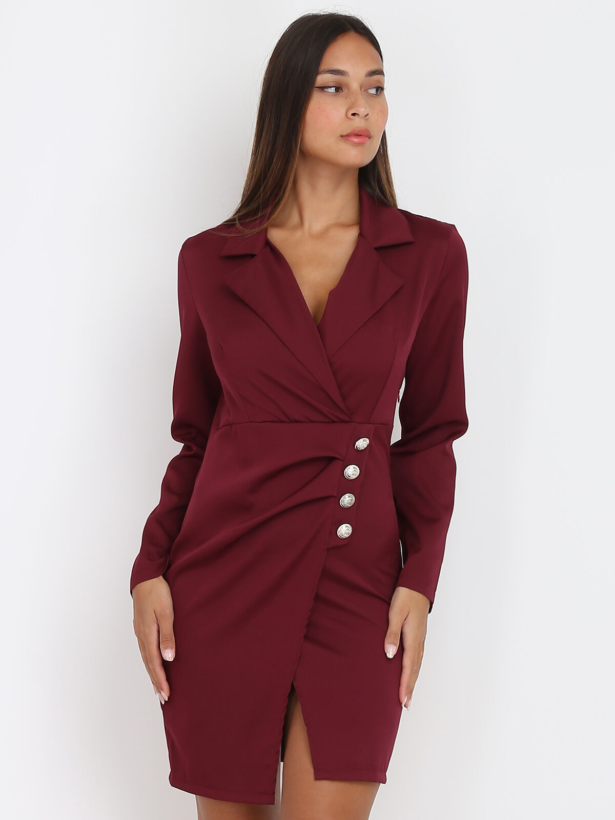 Robe blazer boutonnée et fendue- Bordeaux