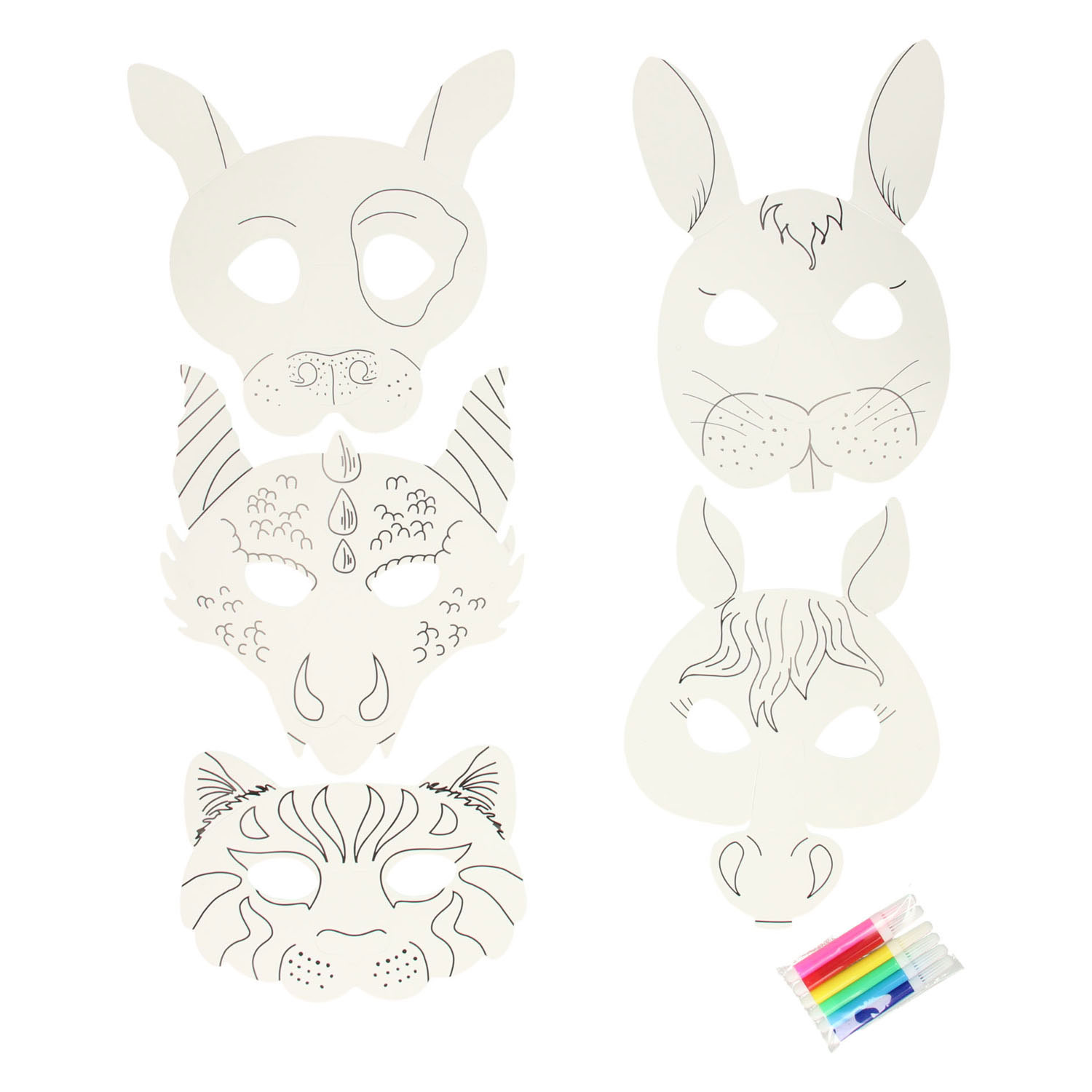 Dierenmaskers Kleuren met Stiften, 6st.