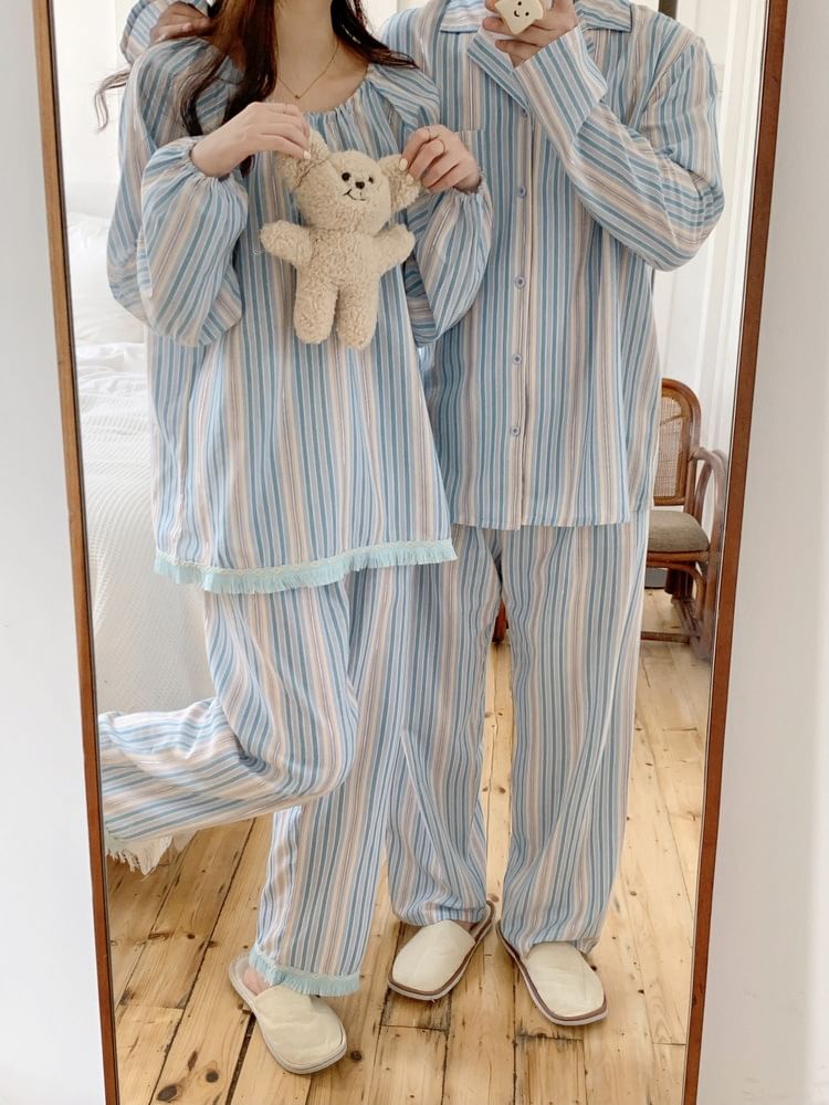 Tanee - Pyjamaset: gestreepte blouse met pofmouwen + broek