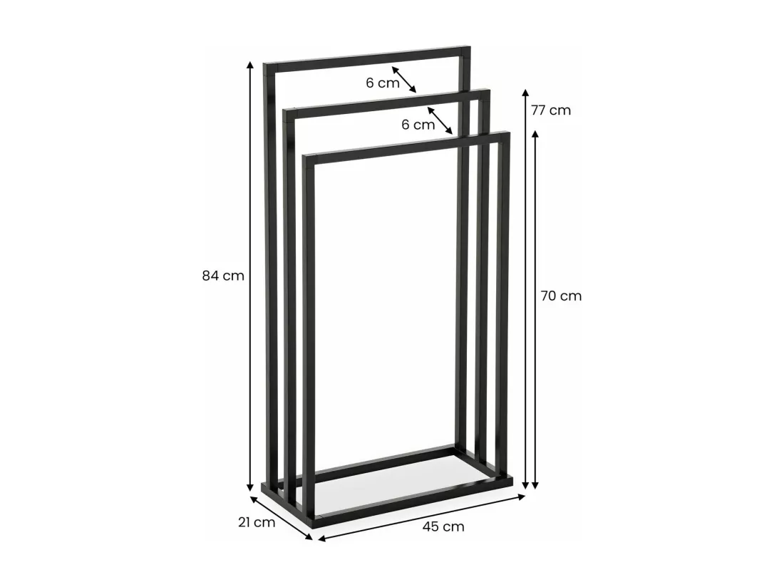 Porte-serviettes sur pied KUNO portant pour vêtements et linge de salle de bain avec 3 niveaux d'étendage, structure en métal noir