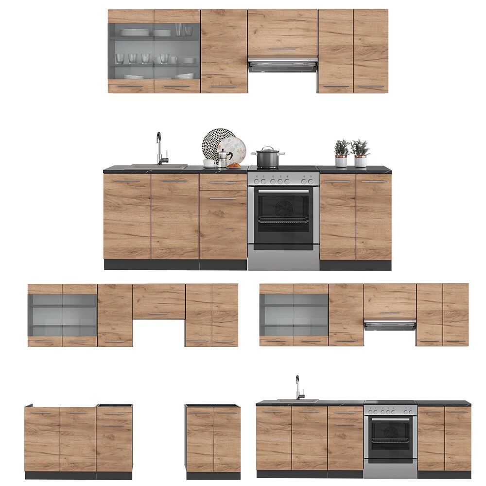 Vicco Küchenzeile Küchenblock Einbauküche Fame-Line Anthrazit Eiche 240 cm modern Küchen Schränke Spülenunterschrank Schubunterschrank Hängeschrank Hängeglasschrank