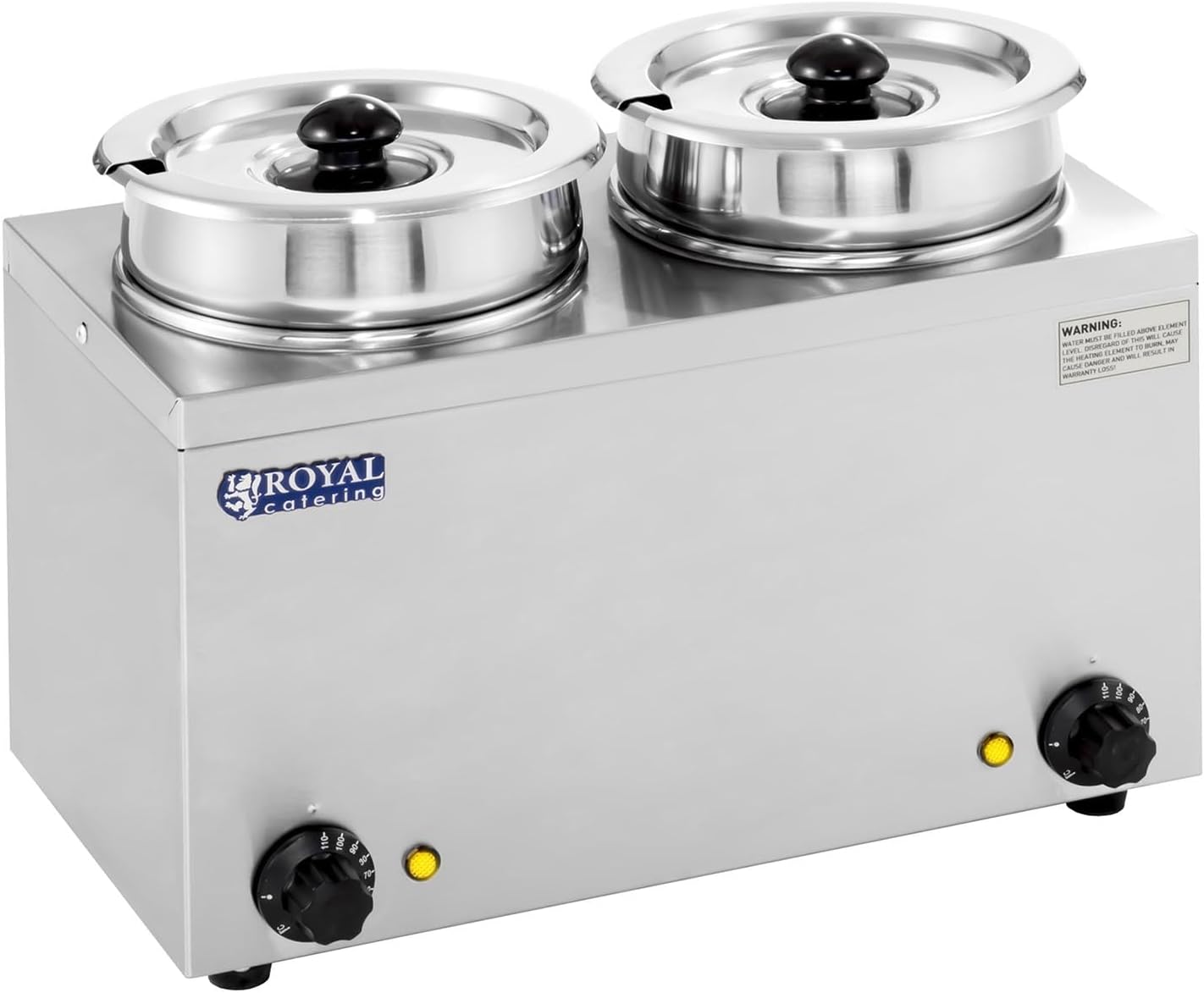 Royal Catering - RCBM-2/4R - Bain Marie Suppenstation Hotpot mit Ablasshahn Chafing Dish (2 x 2,75 L, 30-110 °C, 2 x 150 W, Inklusive 2 Deckel)