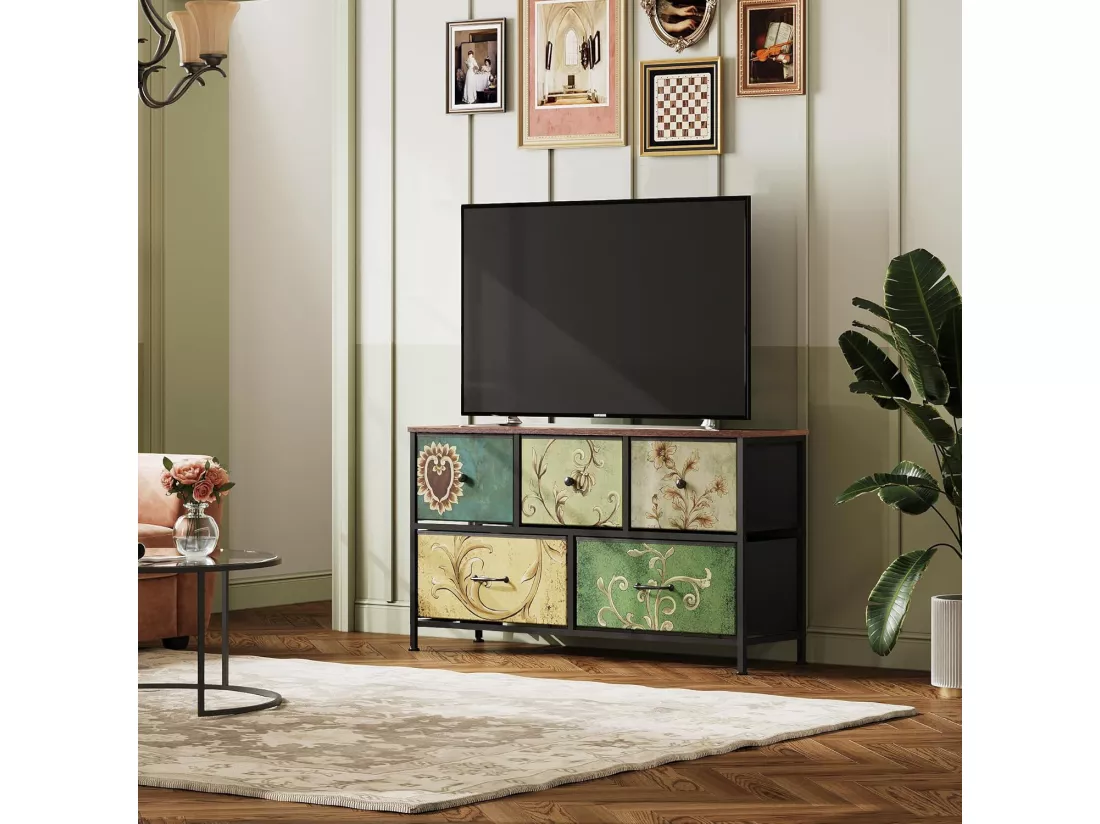 Commode 100 cm, avec 5 tiroirs de rangement, motif vintage - Multicouleur
