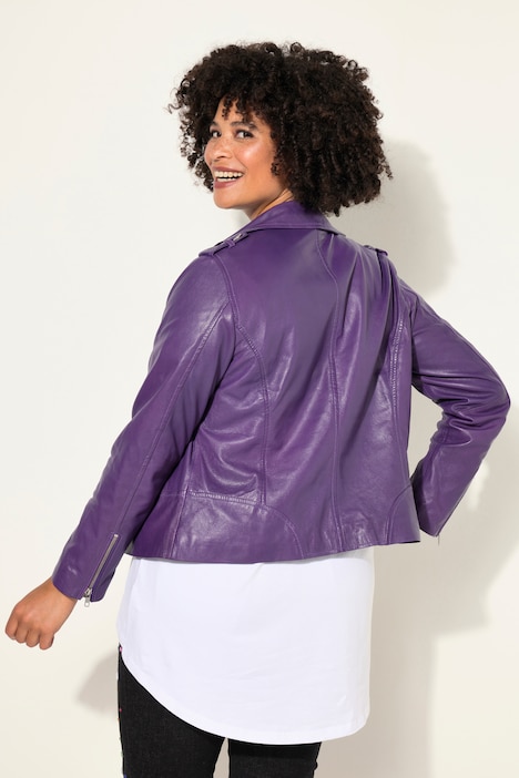 Leder-Bikerjacke, Kragen mit Druckknöpfen, Metallzipper