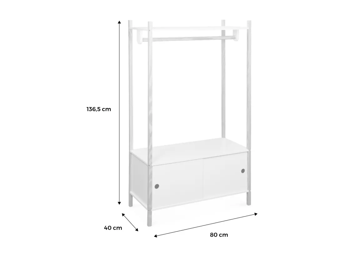 Penderie pour enfants - TOBIAS - deux portes coulissantes et portant bois massif en pin naturel blanc. 80X40X136.5CM