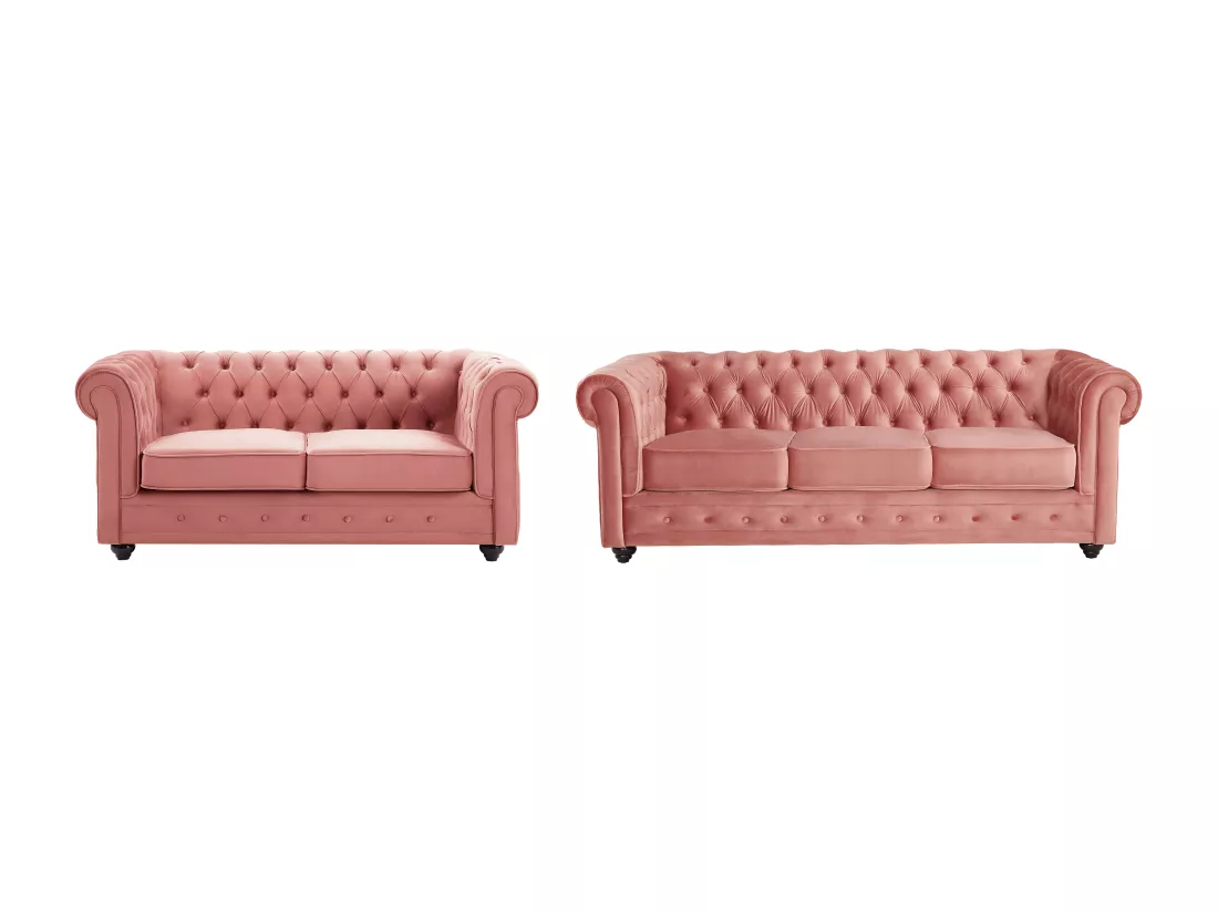Canapés 3 places et 2 places en velours rose pastel CHESTERFIELD