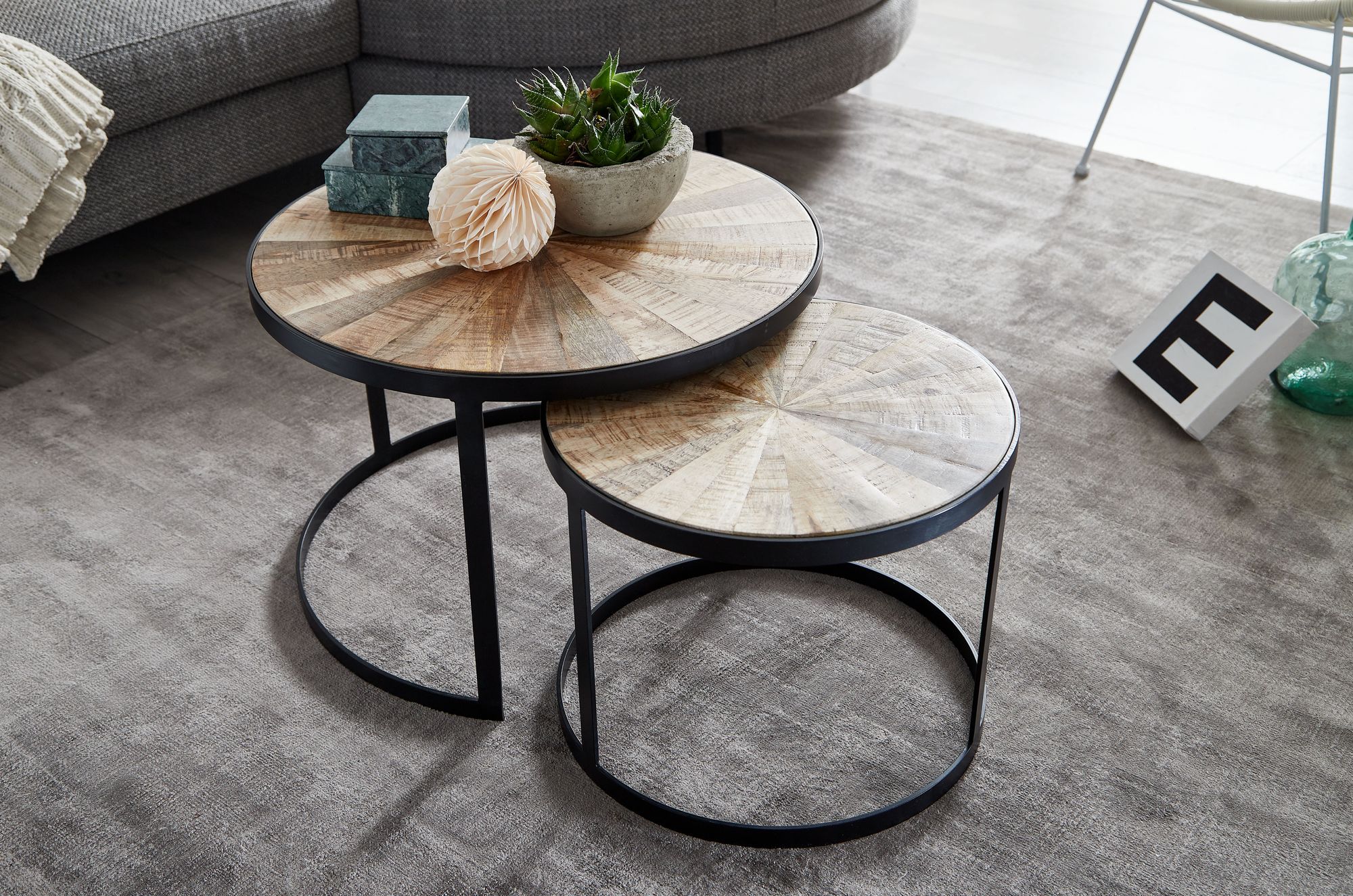 FineBuy Design Couchtisch Massivholz Wohnzimmertisch 2 teilig Rund Sofatisch