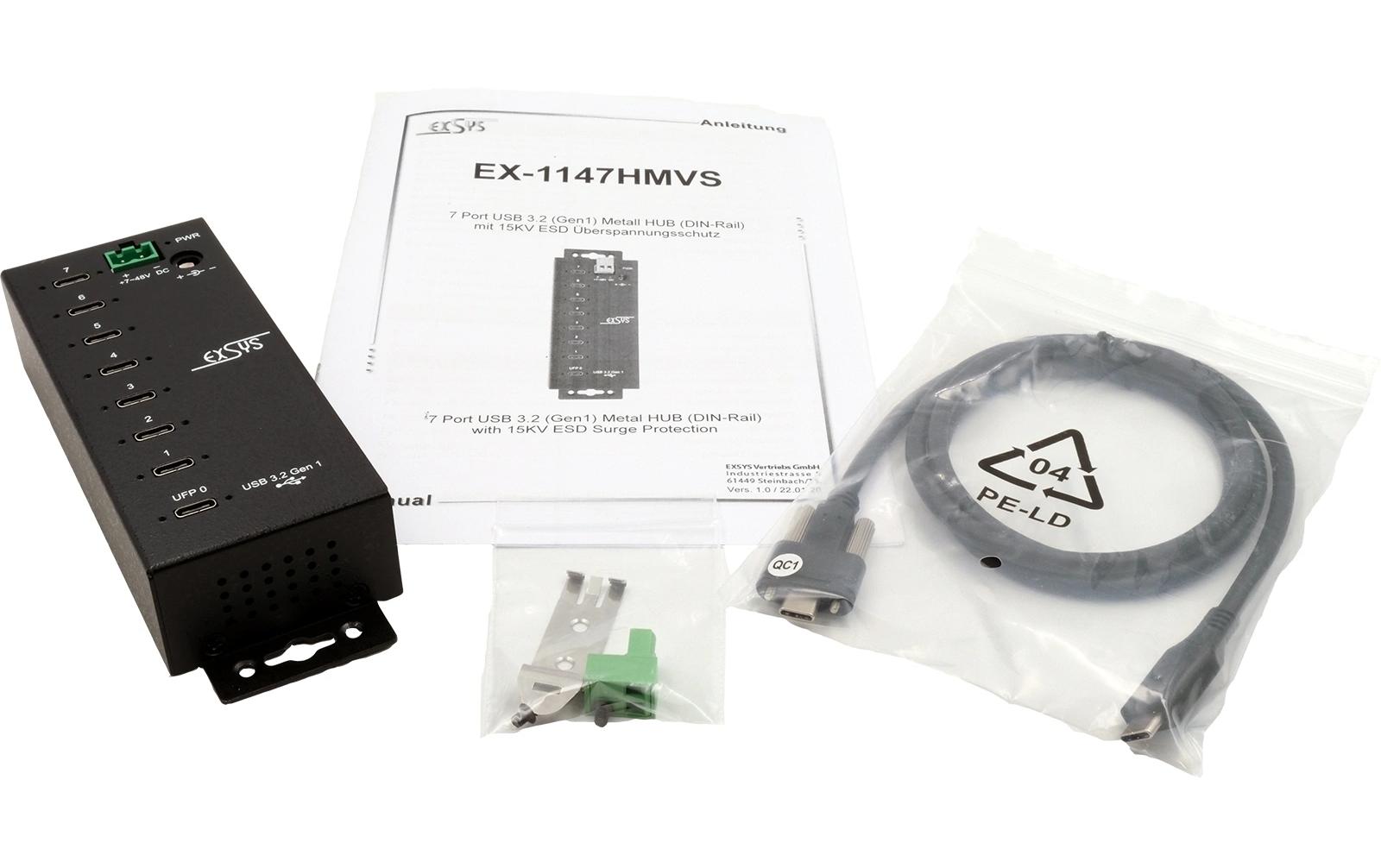 USB-Hub EX-1147HMVS<br>7-Port USB 3.2 Gen 1 Metall HUB mit 15KV ESD Überspannungsschutz, C-Buchsen