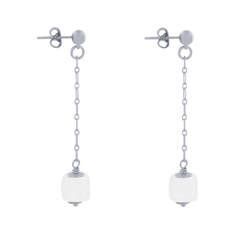 Boucles d'Oreilles Chainette Laiton Argenté et Cube en Céramique