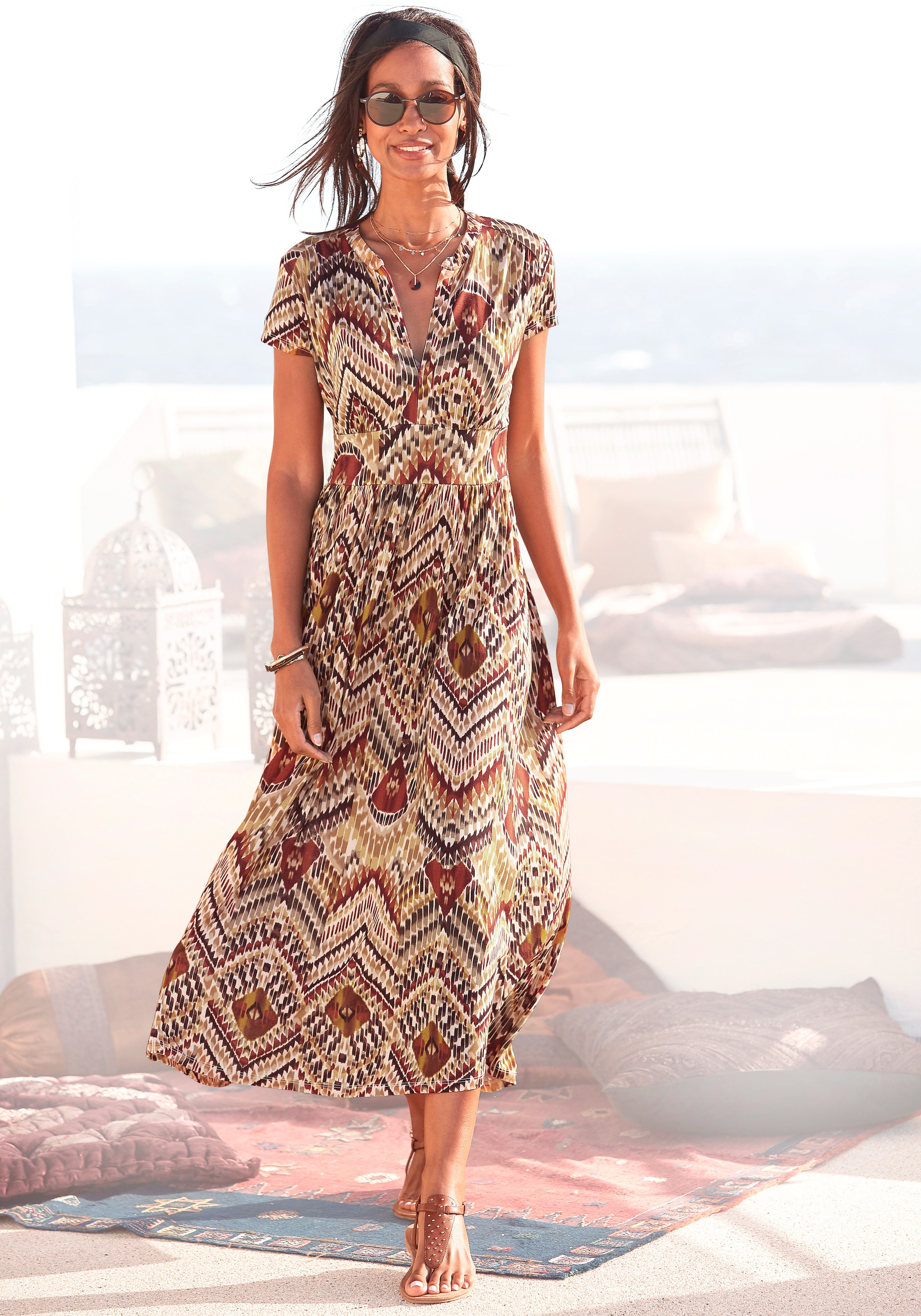 LASCANA Midikleid mit Ethnoprint und Reissverschluss vorne, Sommerkleid, Strandkleid