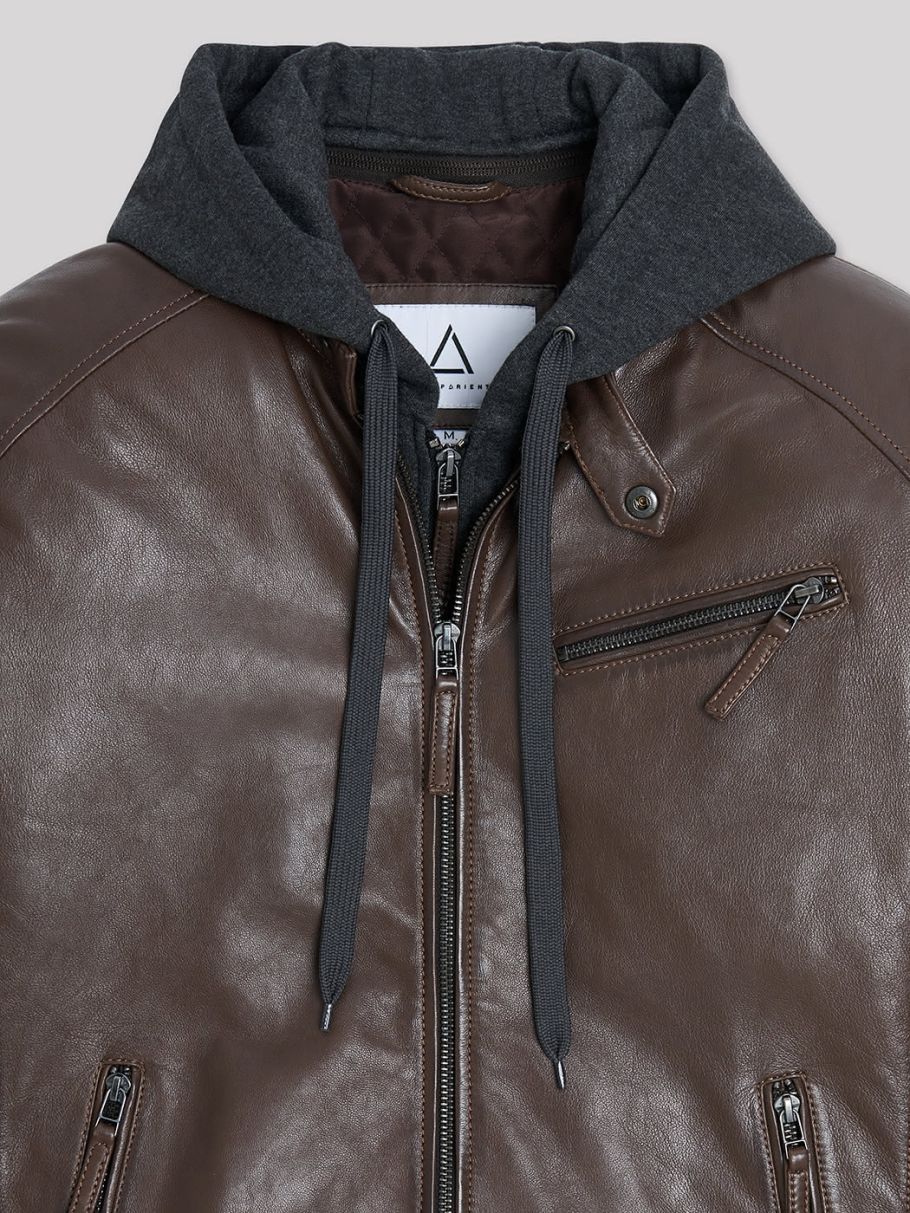 Blouson en cuir à capuche