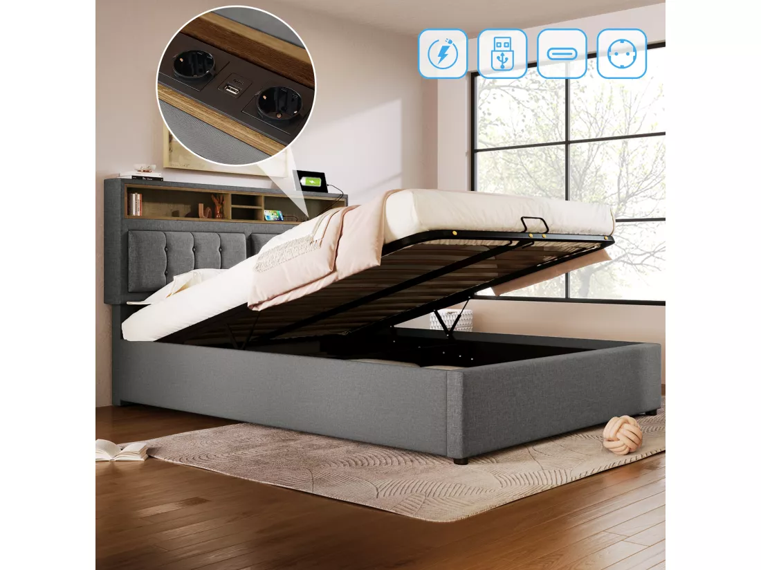Lit coffre 140 x 200 cm avec tête de lit rangement - prise USB & C - tissu en lin - gris