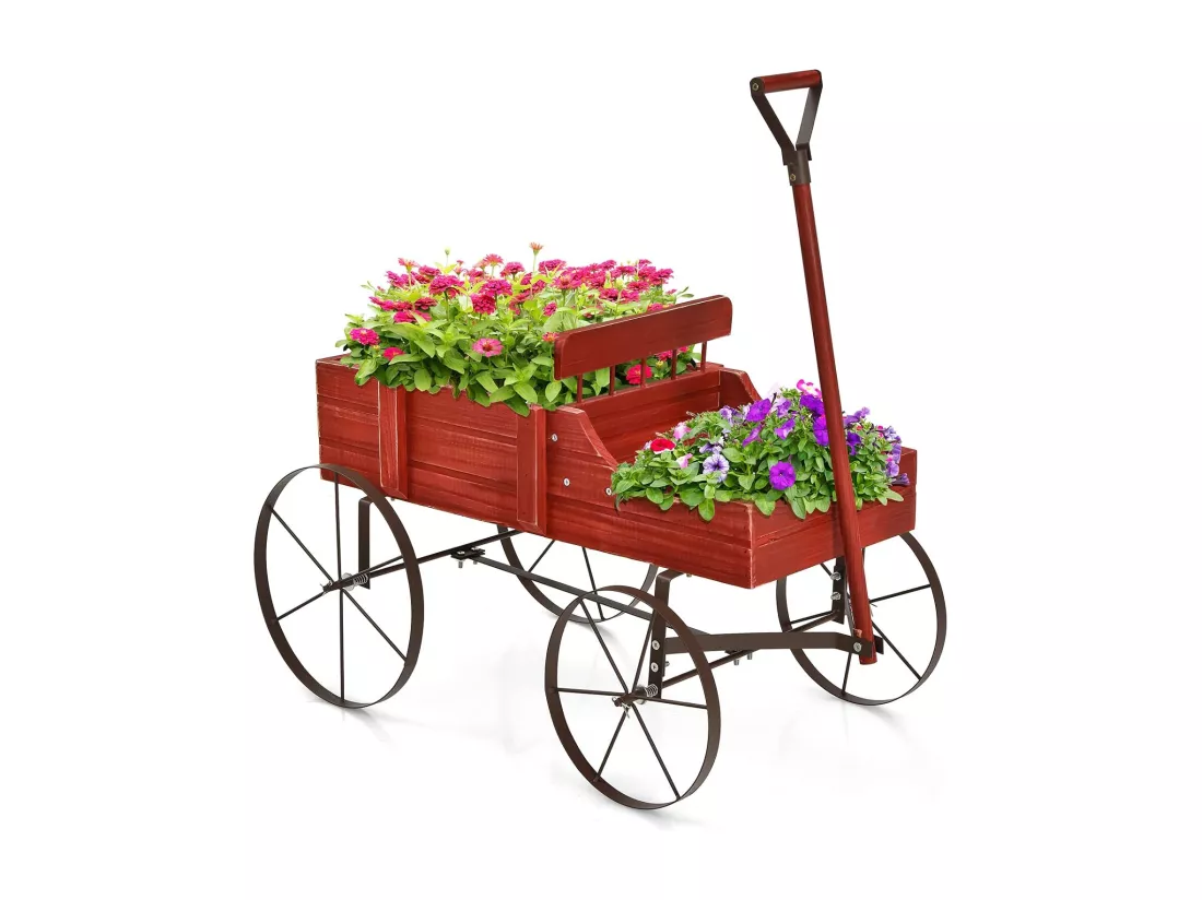 Brouette Décorative en Bois avec 2 Compartiments à Planter Roues Métalliques Poignée Charge 15kg pour Cour（Rouge)