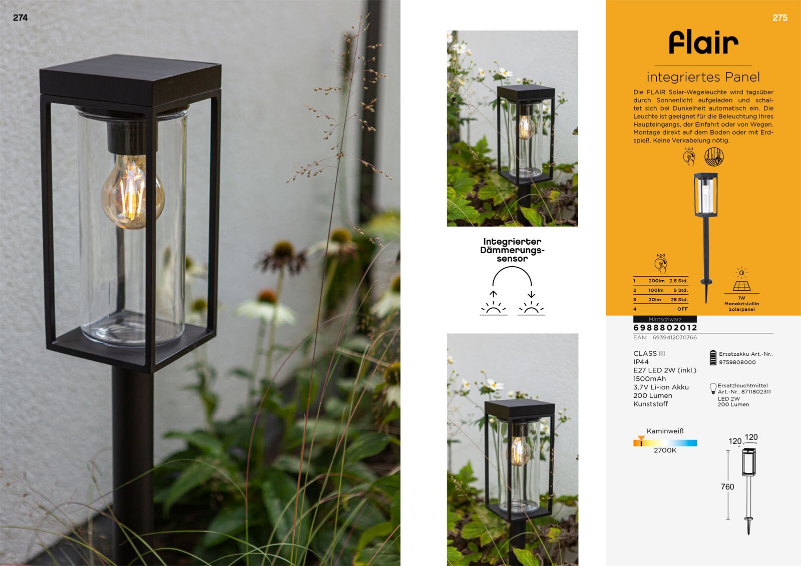 ECO-LIGHT LED Solar Wegeleuchte FLAIR 76 cm schwarz