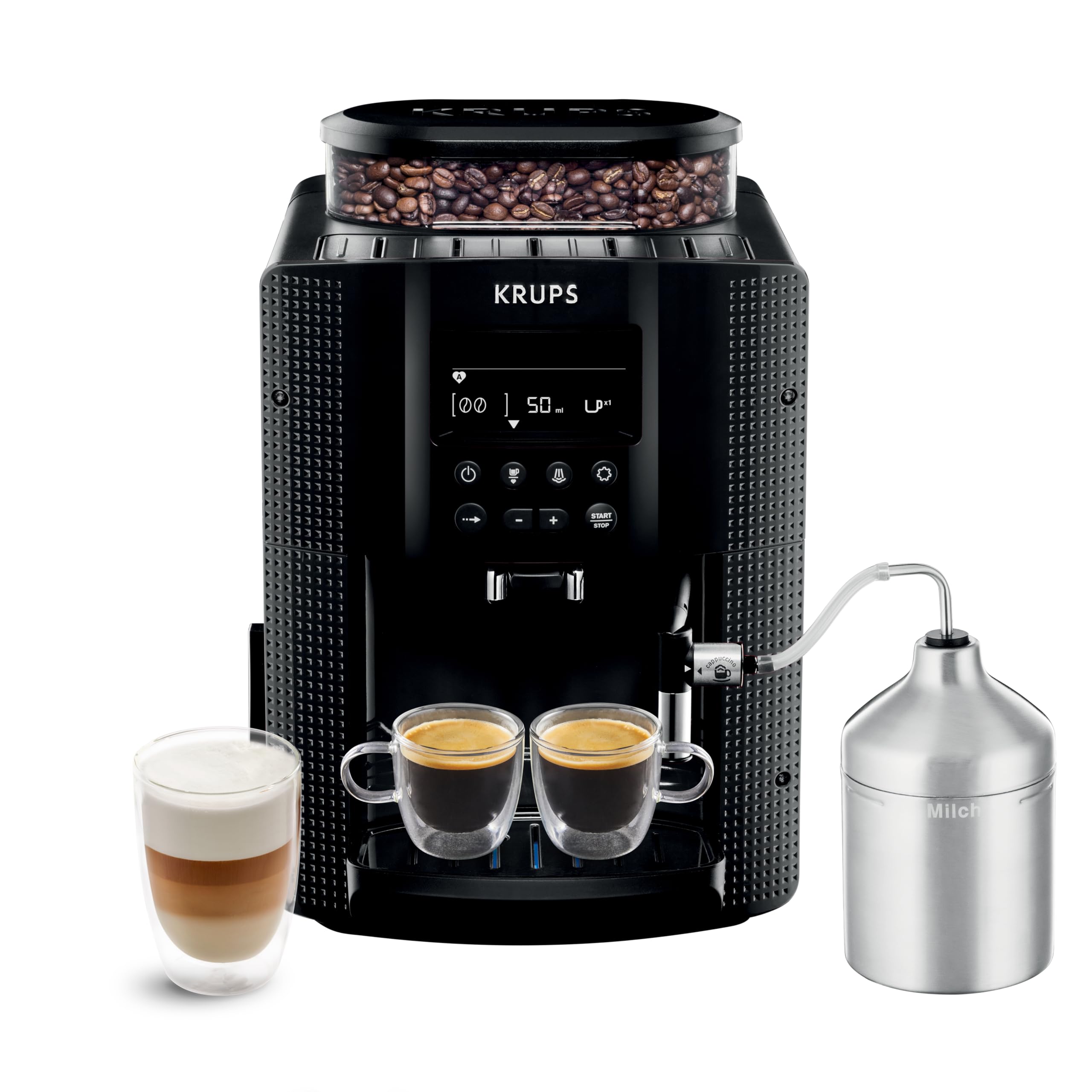 Krups Essential, Machine à café grain, Expresso automatique, 2 tasses simultanées, Ecran LCD, Nettoyage automatique, Buse vapeur, Pot à lait inox Capp