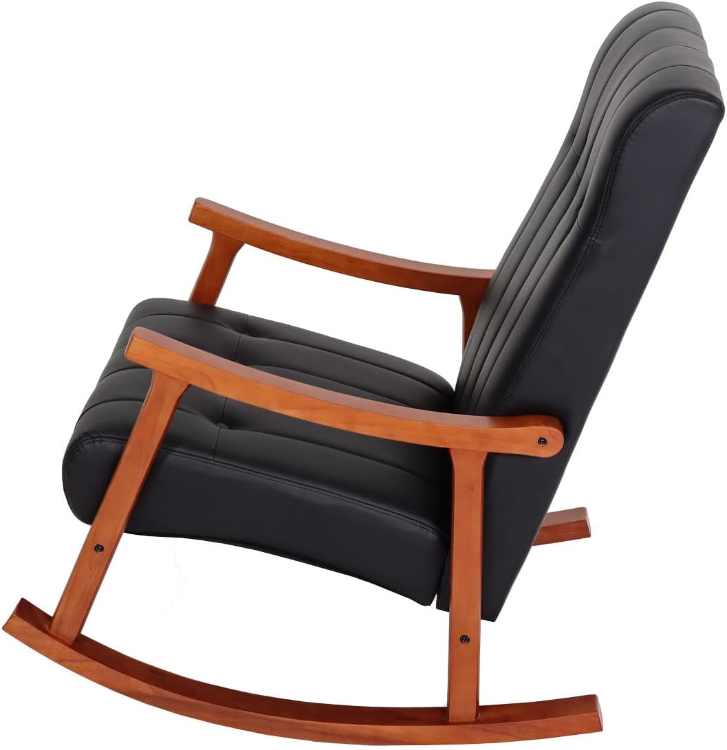 Mendler Schaukelstuhl HWC-K10, Schaukelsessel Schwingstuhl Relaxsessel FSC® - Kunstleder schwarz, Gestell Walnuss-Optik