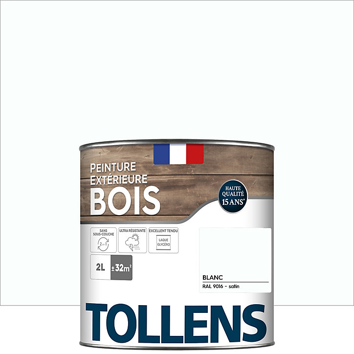 Peinture extérieure bois Tollens satin blanc 2L