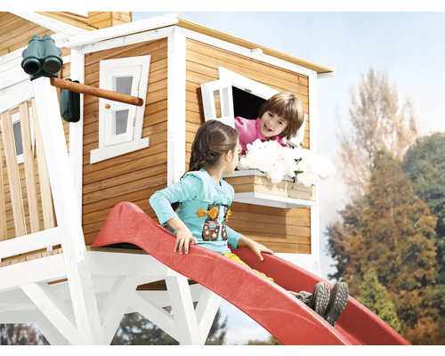Speelhuis op stelten axi Max 432 x 193 cm, hout, bruin, inclusief rode glijbaan