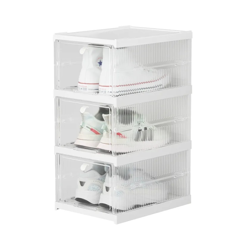 (34.5x54cm) Stapelbare Schuh Aufbewahrungs Box 3-facher Schuh Organizer Faltbare Kunststoff Schuhkartons - Weiss / Transparent
