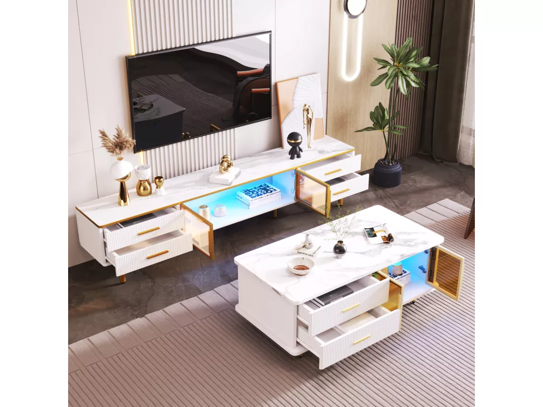 Table basse, meuble TV, meuble de salon modulable, porte en verre trempé, cadre en alliage d'aluminium, tiroirs à texture ondulée, poignées et pieds dorés, plateau de table texture marbre.