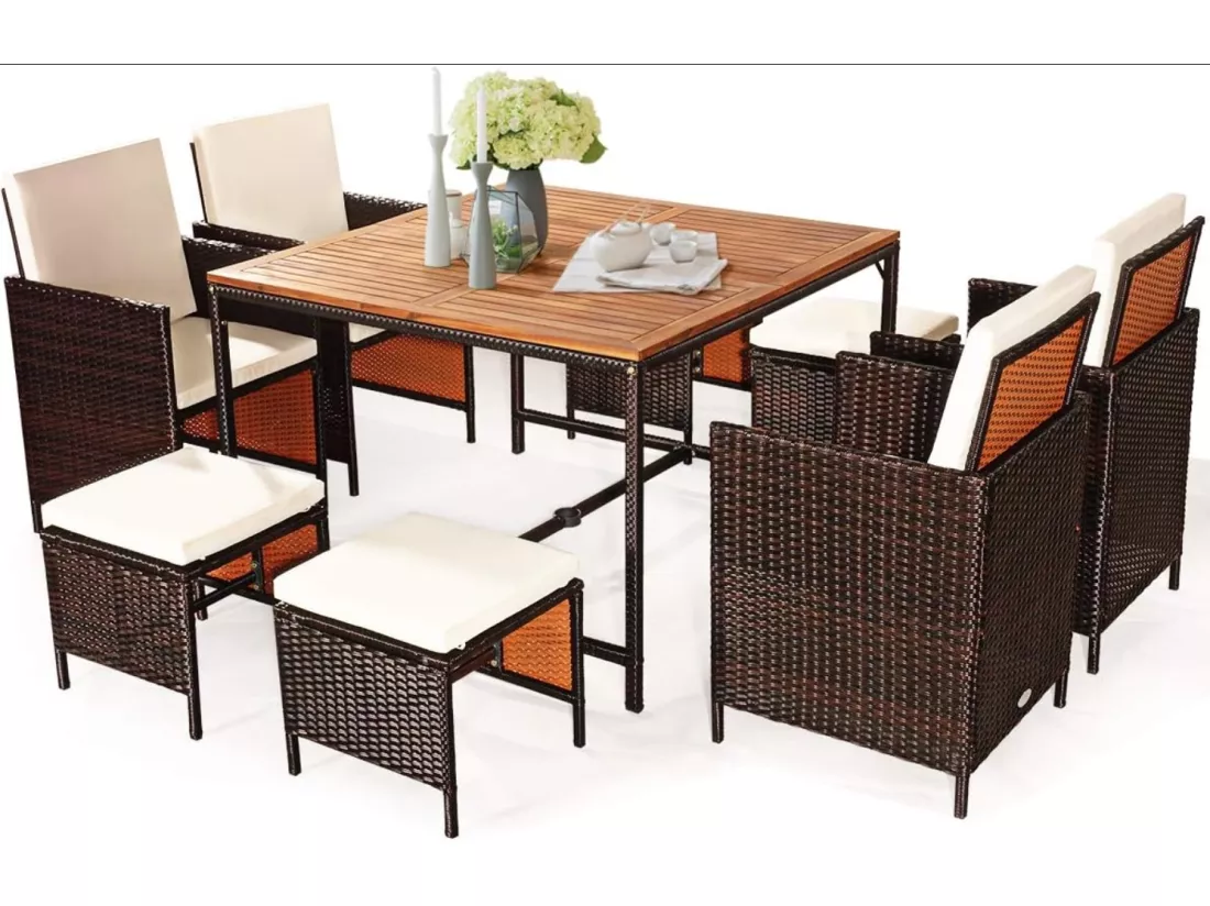 Salon de Jardin 9 Pièces, Ensemble Meuble de Terrasse avec Coussins et Repose-Pieds et Table en Rotin et fibre naturelle PE pour Véranda, Patio, Jardin, Terrasse, Piscine(Blanc)