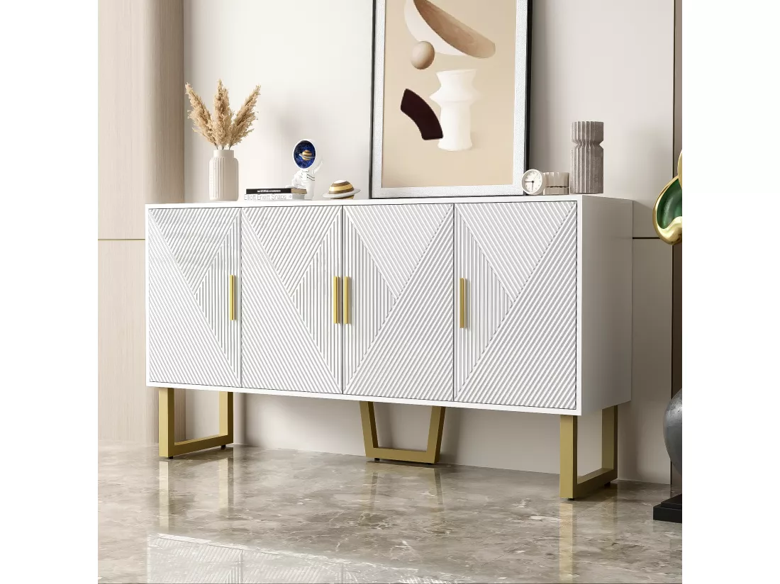 Buffet avec 4 portes - 150 x 40 x 82 cm - MDF, panneaux de particules et métal - Blanc et or