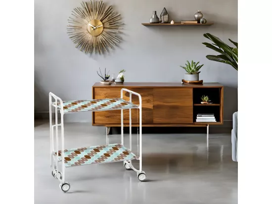 Chariot pliant à roulettes, desserte - Structure métallique blanche, 2 niveaux en stratifié motif Ovales, Turquoise et marron - 72*66*43 cm - BAUHAUS