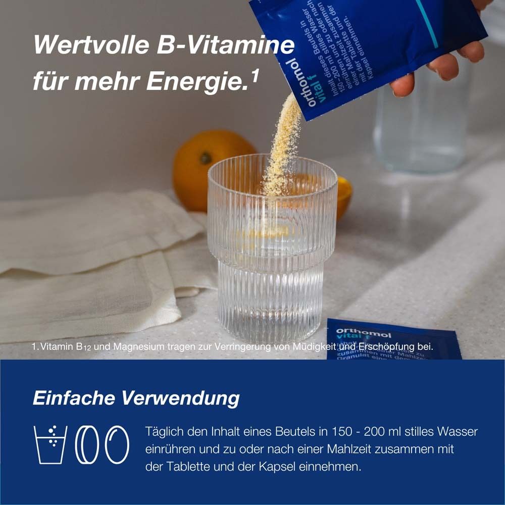 Orthomol Vital f für Frauen - bei Müdigkeit - mit B-Vitaminen, Omega-3, Magnesium - Granulat/Tabletten/Kapseln - Grapefruit-Geschmack