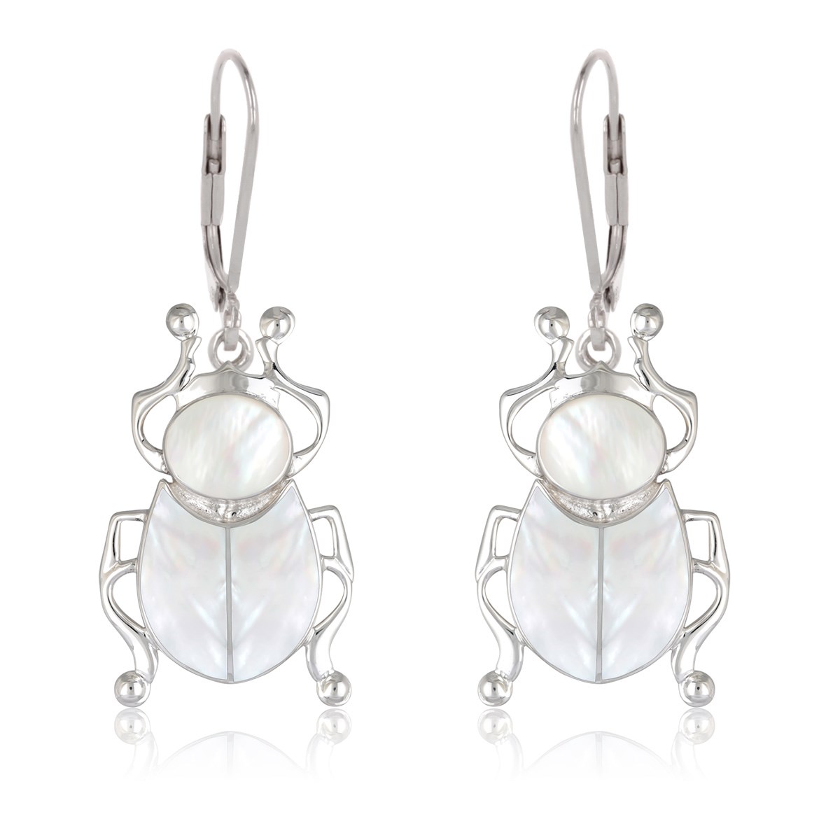 Boucles d'Oreille Scarabée en Nacre Blanche Sertie Argent 925