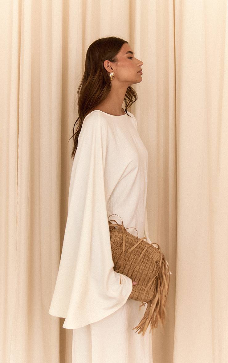 Crème Robe Longue Fluide Imprimé À Manches Évasées En Tissu Tissé