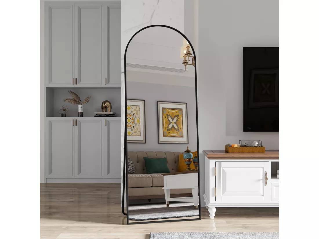 Miroir pleine longueur 162 x 53 cm, sur pied, suspendu ou appuyé, grand miroir de sol avec cadre en alliage d'aluminium noir pour salon ou chambre à coucher, Arc