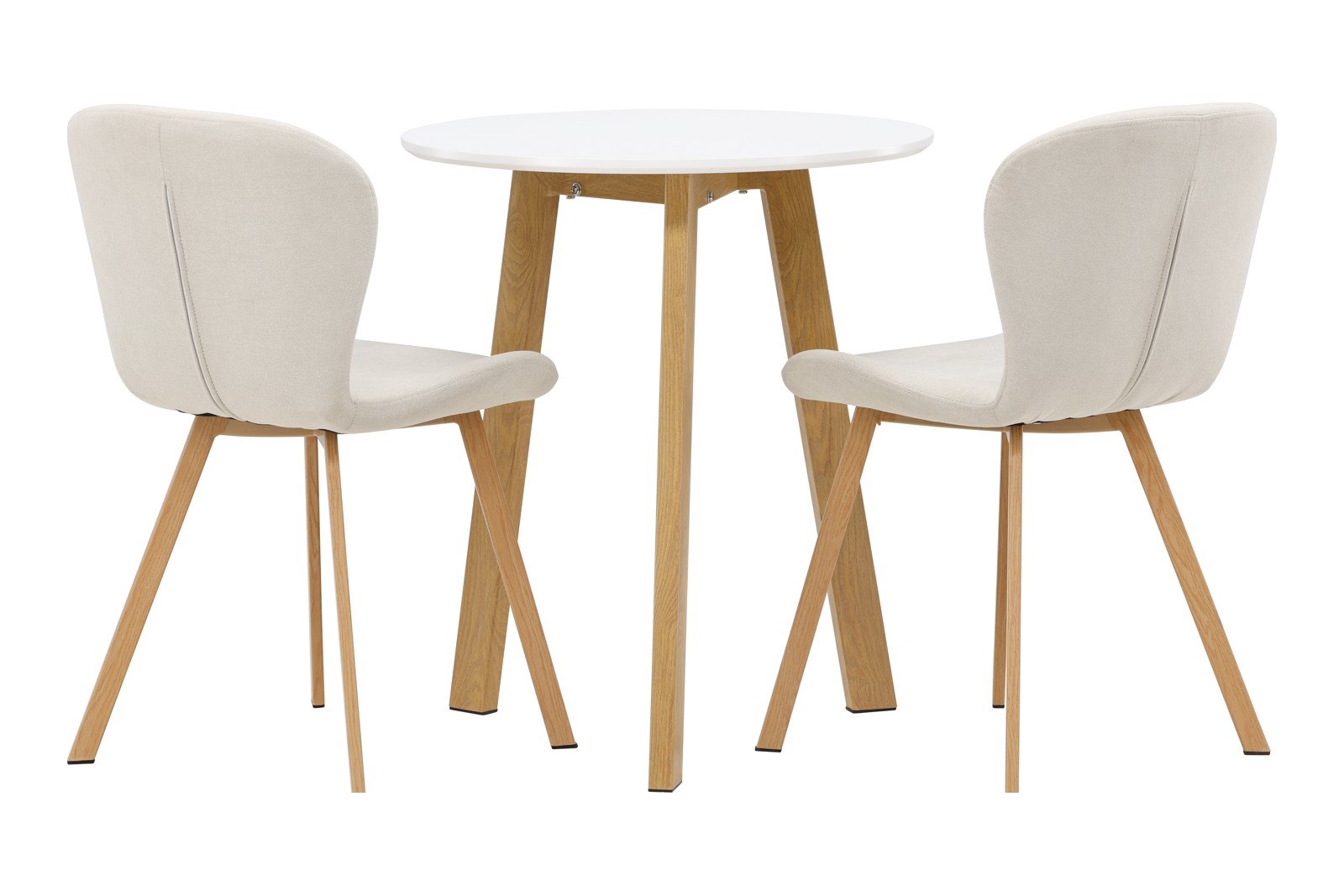 Leonora og Lilja Spisegruppe Leonora rundt spisebord Ø65 cm i hvit og eikeben med 2 stk. Lilja spisestoler i Beige og eik ben.