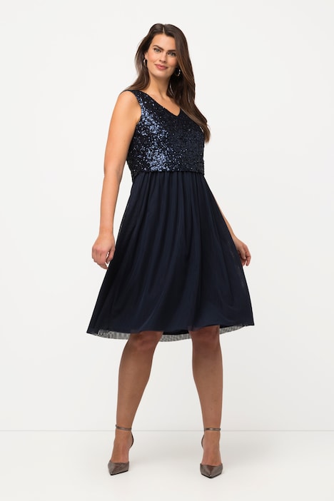Midikleid, Pailletten, V-Ausschnitt, ärmellos