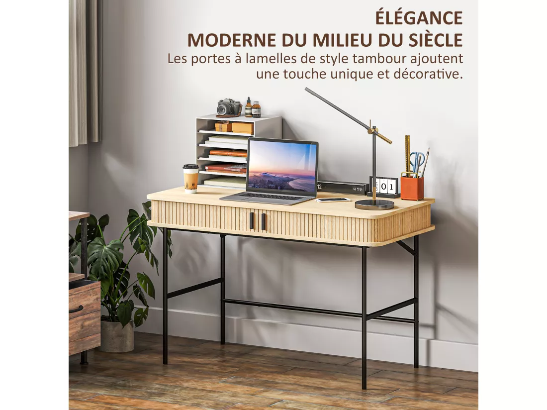 Bureau style scandinave dim. 120 x 60 x 76,5 cm - 2 portes, 2 compartiments - acier noir aspect bois clair