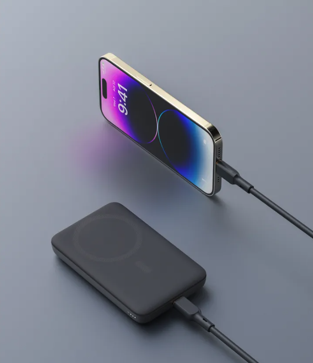 (15W) MagFusion 10000mAh Qi2 Wireless Powerbank Pad USB C Ladegerät mit LED Anzeige   Kickstand (PB-MS06 GR) - Grau