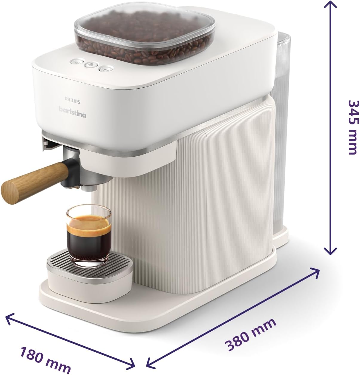 Philips Baristina Espressomaschine - Real Espresso, made simple. Kompakte Kaffeemaschine, Naturweiß mit Eschenholz-Siebträger, 16-bar-Pumpendruck, automatisches Mahlwerk, Cafe Crema (BAR302/20)