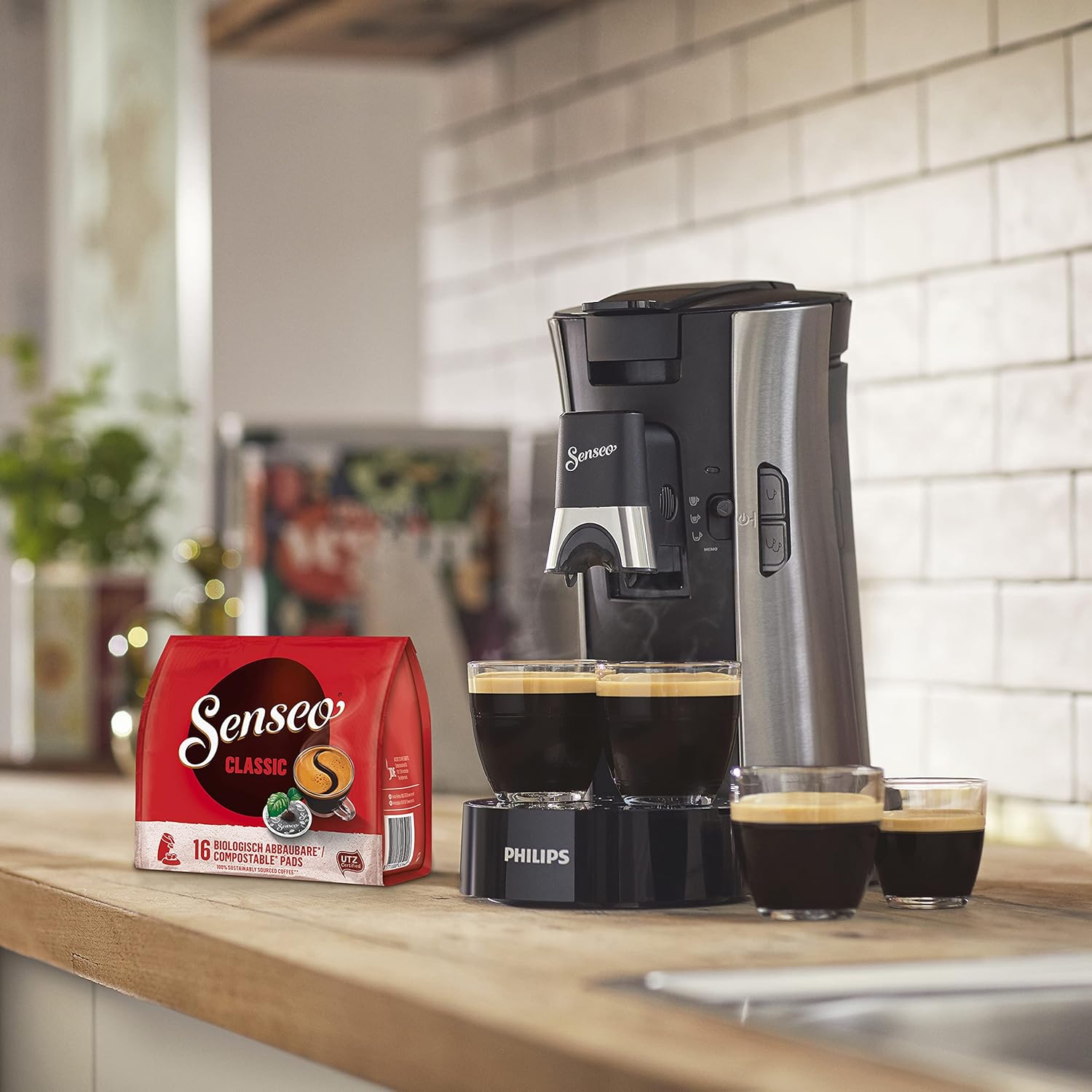Philips Senseo Select CSA250/10 Kaffeepadmaschine - Kaffeestärkewahl Plus, Memo-Funktion, aus recyceltem Plastik, gebürsteter Stahl & CA6500/60 Senseo Milk Twister Milchaufschäumer, schwarz