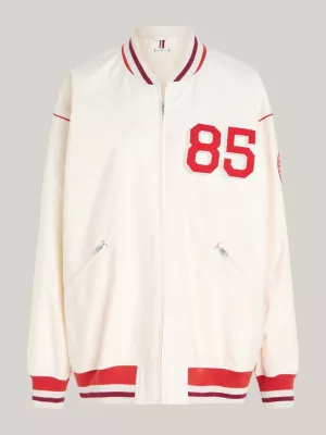 Jaqueta de beisebol oversized com logo traseiro TH Crest