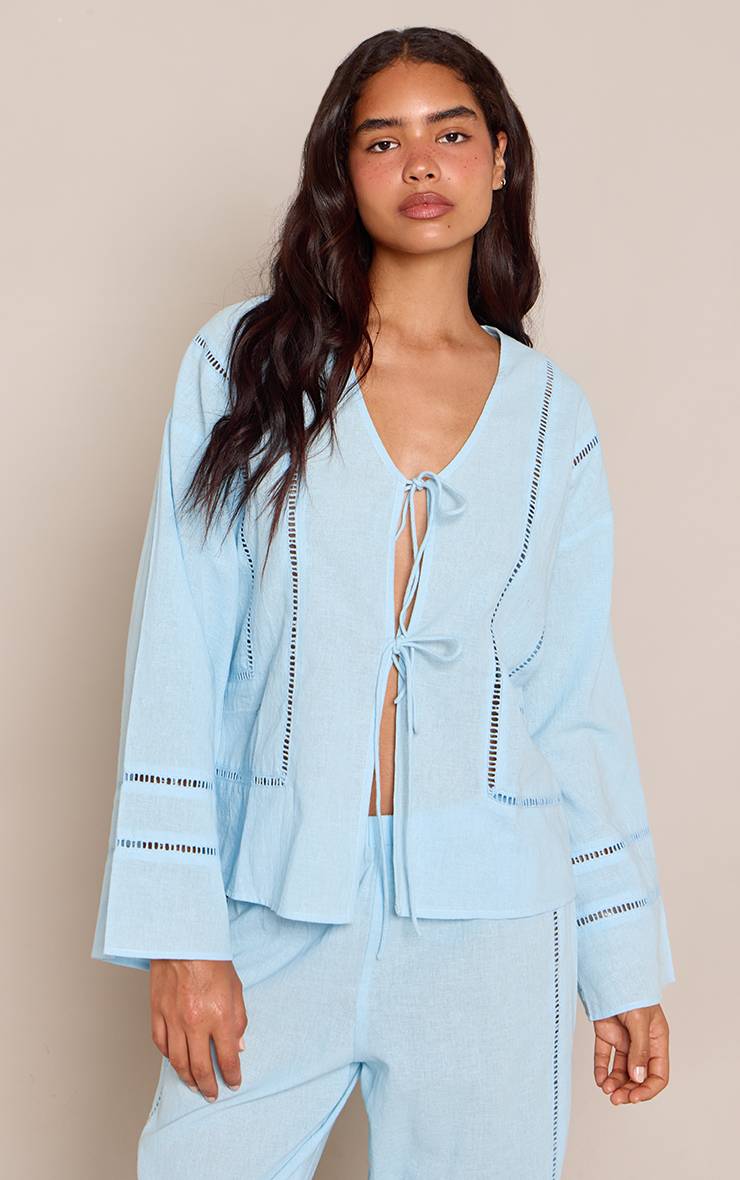 Bleu Ensemble Coordonné Chemise En Lin Avec Détails Ajourés