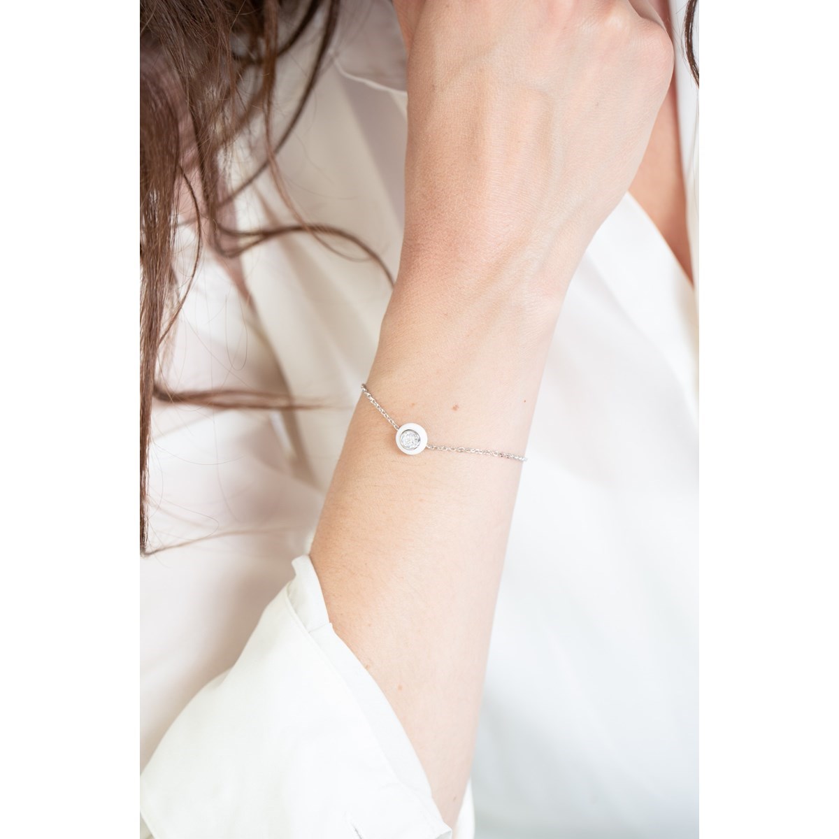 Bracelet souple mono-motif en Argent 925 millièmes et céramique - blanc brillant