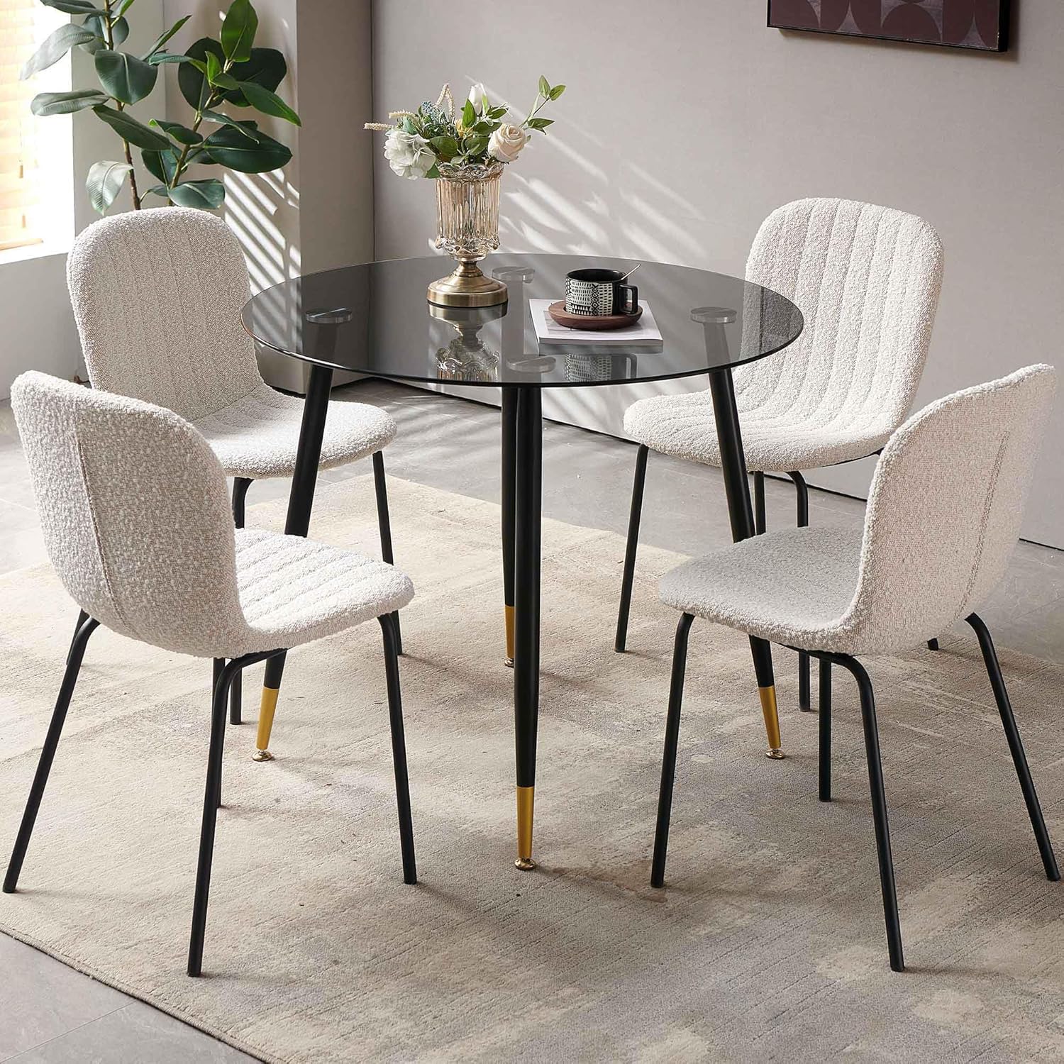 NORDICANA Esszimmerstühle 4er Set, Küchenstühle, Boucle Stuhl, Essstuhl, Retro Design, Metallbeine, für Esszimmer, Wohnzimmer, Küche, Schlafzimmer und Empfangsraum (Beige)