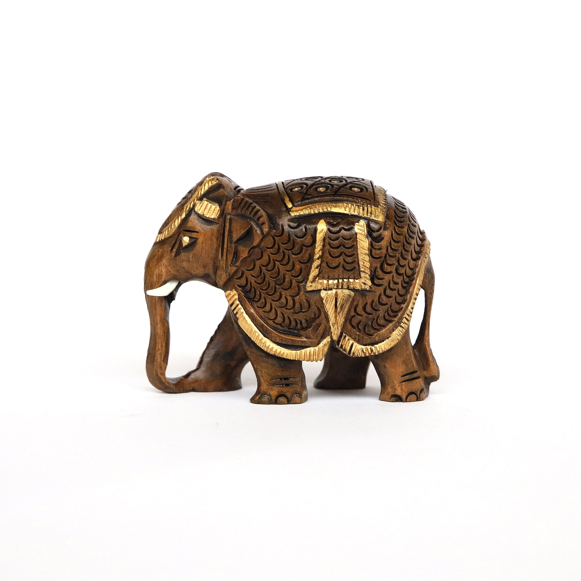 Elefant aus Holz mit Sattel, braun, gold, H 7 cm, B 8 cm, T 4 cm von fischer's lagerhaus
