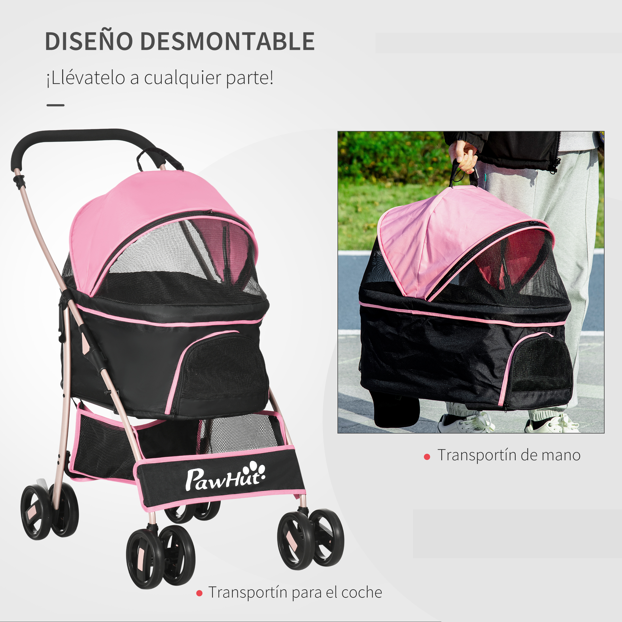 Carrinho de passeio 3 em 1 PawHut para animais de estimação, transporte para cães e gatos, bolsa dobrável removível com cesto de armazenamento e freios, tecido Oxford 600D, capacidade de carga de 15 kg, 82 x 49,5 x 98 cm, rosa