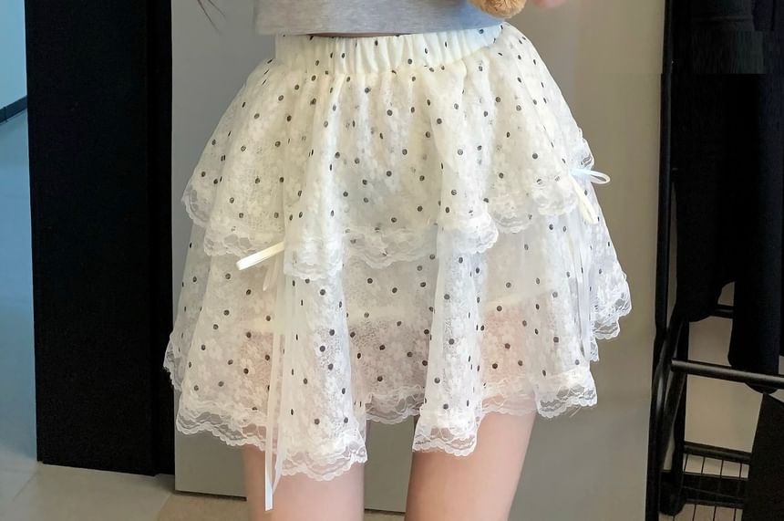 Closette - Crop top met korte mouwen, ronde hals, strikapplicatie / elastische taille, gestippelde strik, ruches en kanten rand, mini A-lijn rok