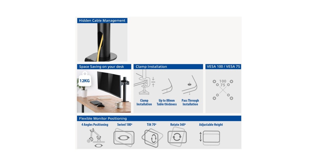 ACT ConnectivityMonitorarm office solid pro, 2 schermen bevestiging  (Zwart)