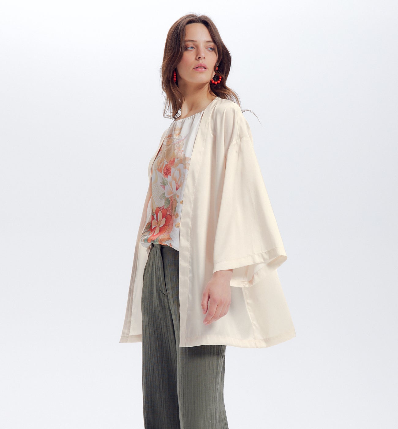 Veste kimono en satin Femme - Imprimé écru