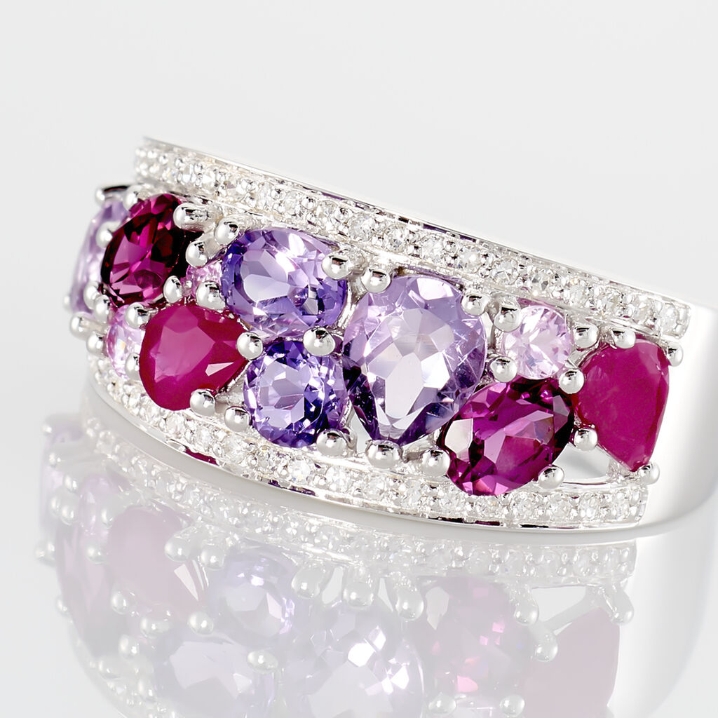 Bague Multicolore Or Blanc Amethyste Et Saphir Et Rhodolite